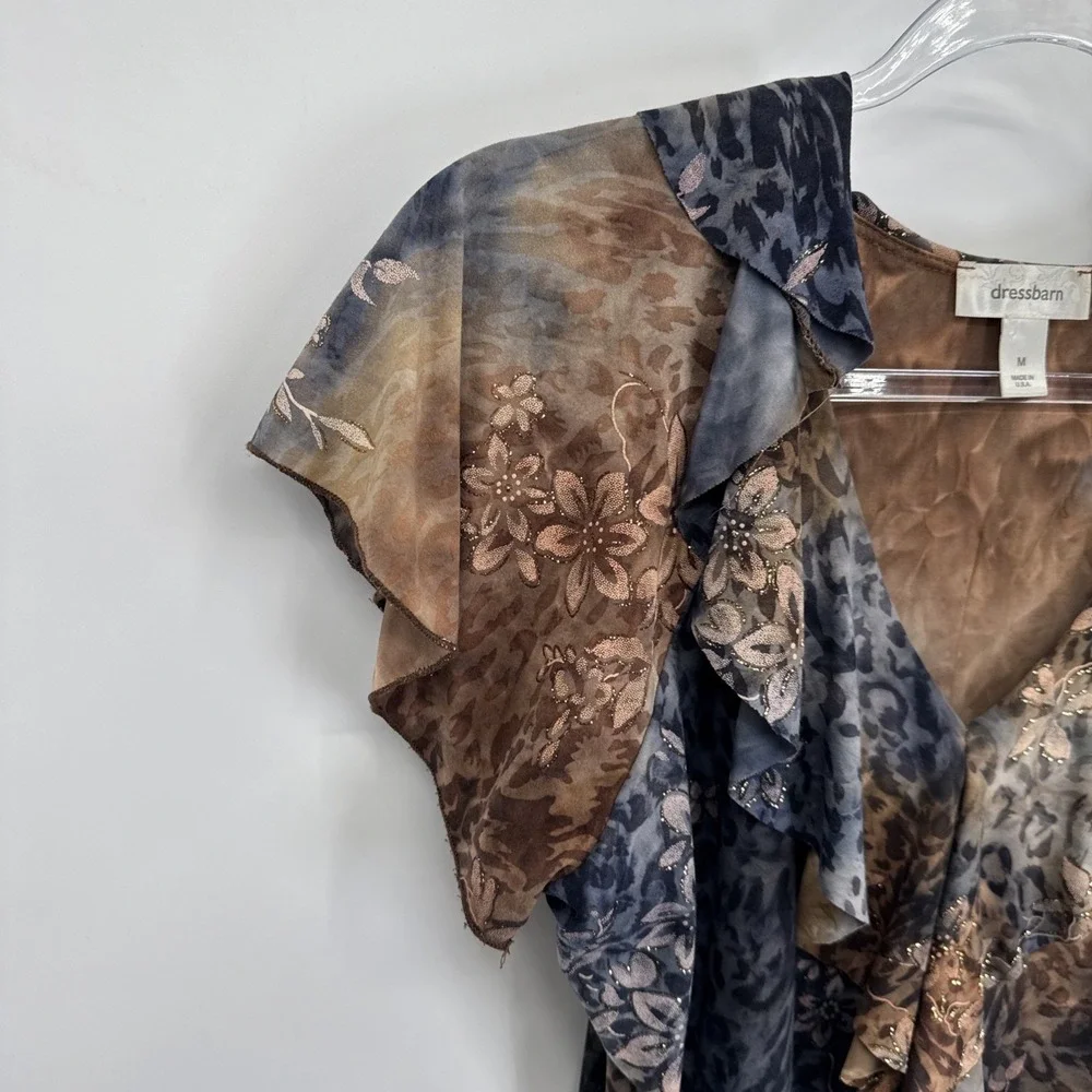 Vintage Y2K Dressbarn Top Womens Medium Brown Gray Grunge‎ Fairy Ruffle Sparkle